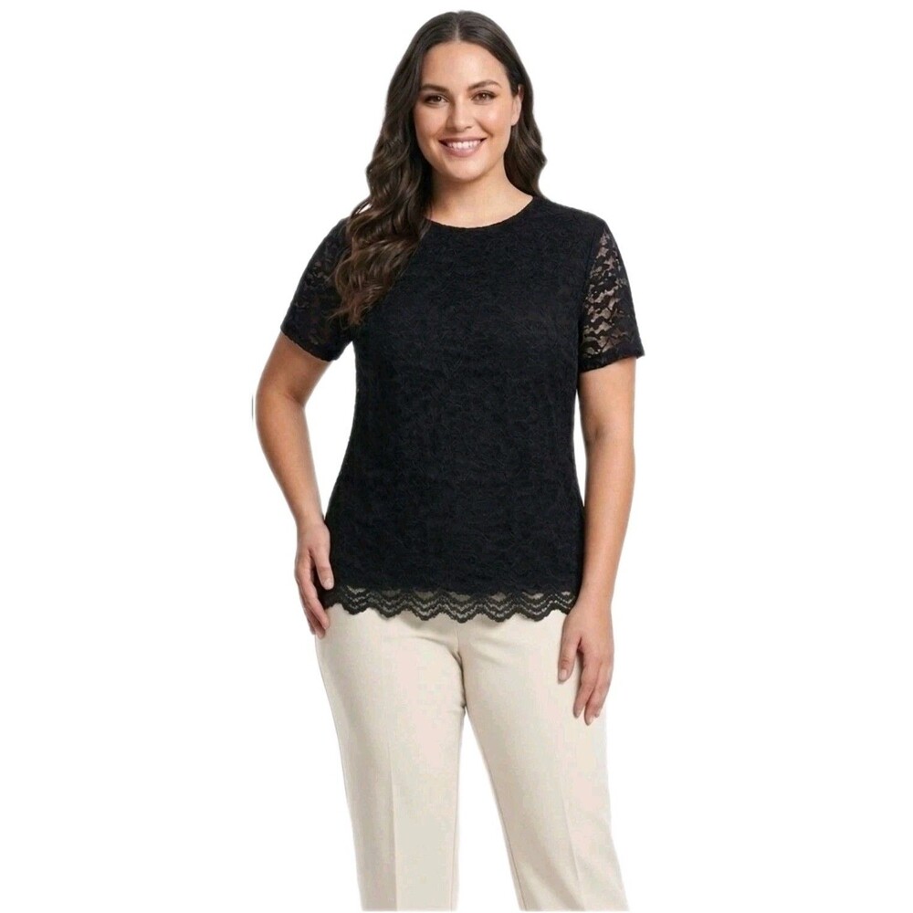 Teddi Rose Elegant Floral Lace Keyhole Short Sleeve Top Stretch Black Womens XXL